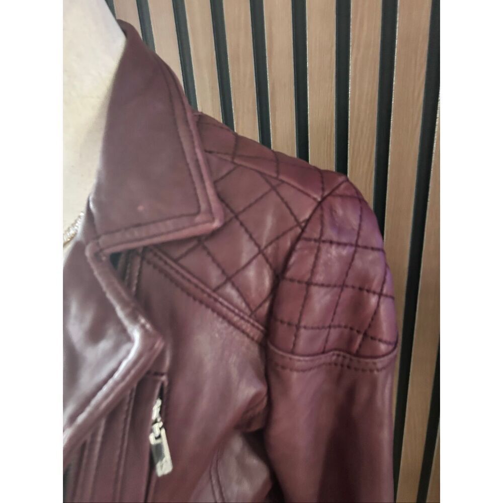 Anne Klein Women's Genuine Real Leather Soft Burgundy Jacket Moto Biker Jacket S - Picture 3 of 9